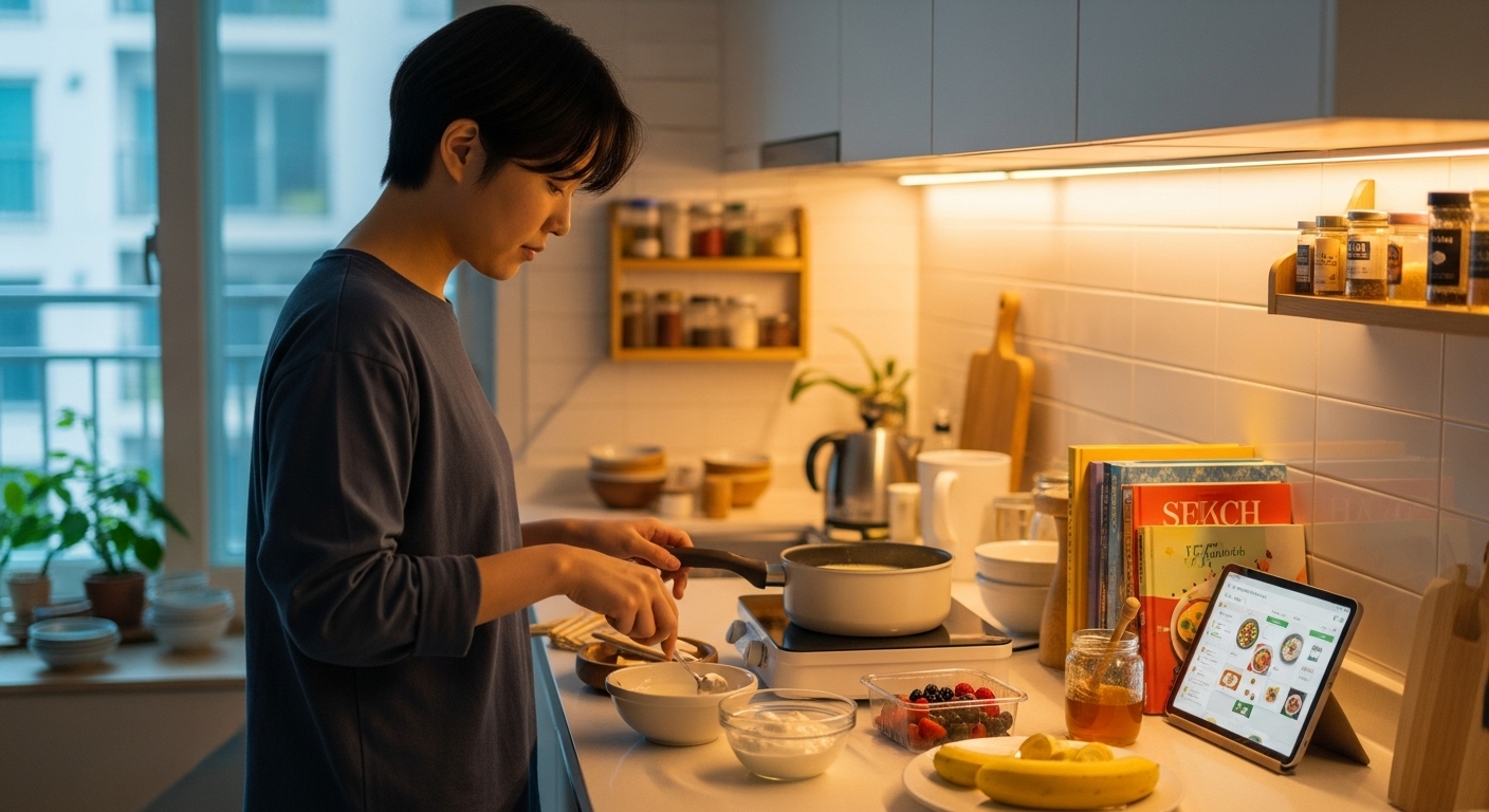 아파트 주방에서 요거트와 죽을 준비하며 회복 식단을 계획하는 젊은 성인