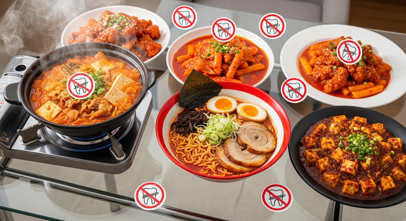 발치 후 먹어서는 안 되는 뜨거운 음식이 놓여진 테이블