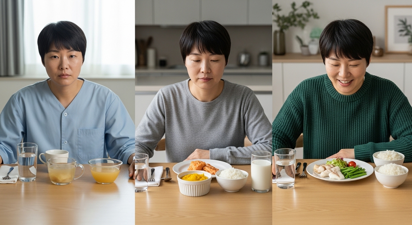 유동식부터 연한 고형식까지 점진적인 회복식을 시도하는 모습