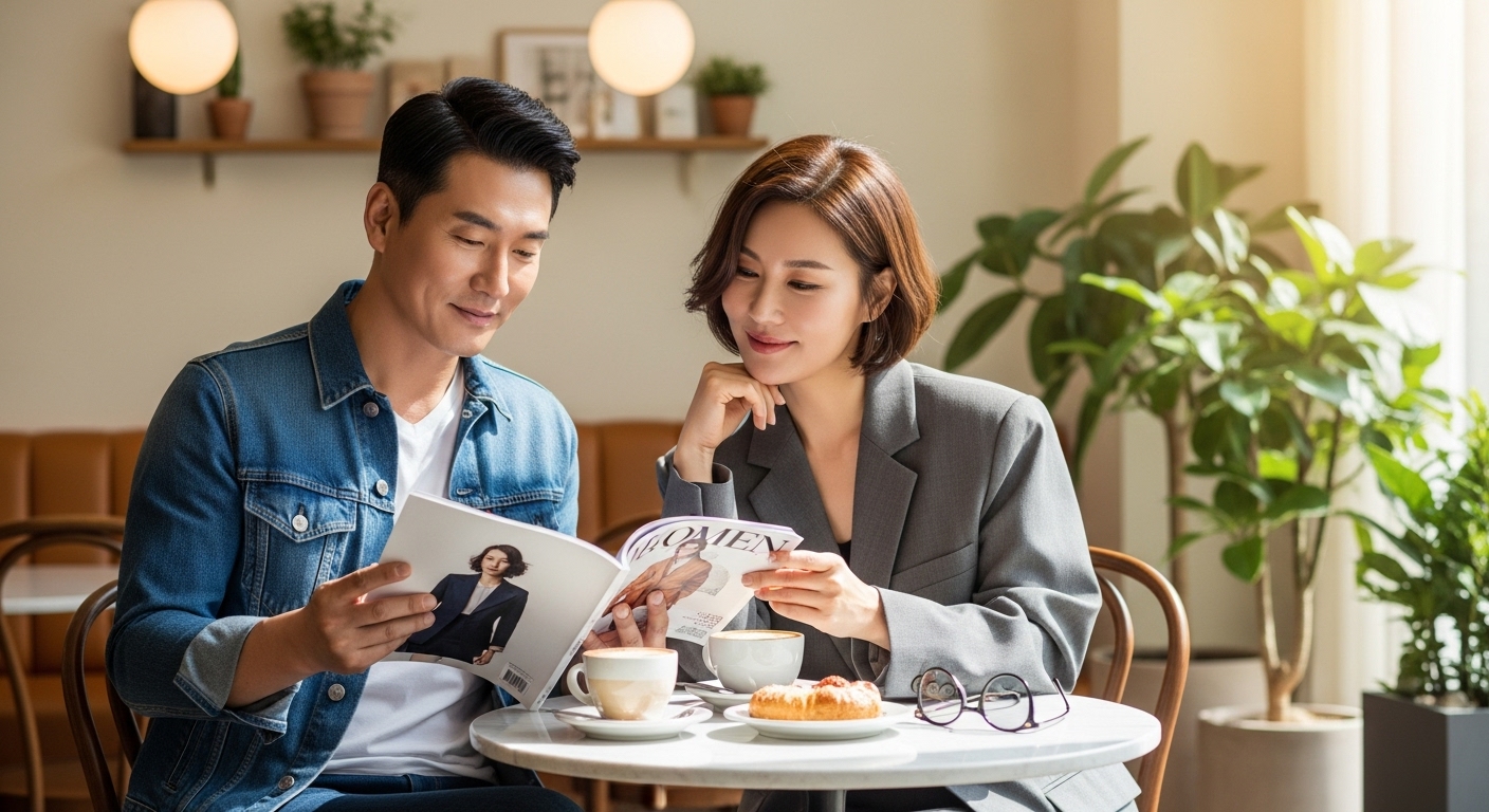 세련된 카페에서 패션 잡지를 보는 현대적인 중년 커플