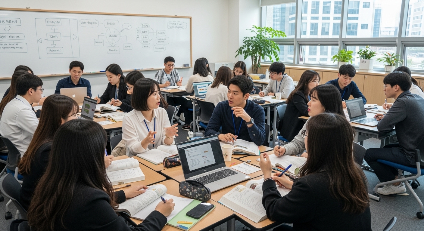 현대적인 교실에서 사회복지 자격증 변화에 대해 토론하는 학생들