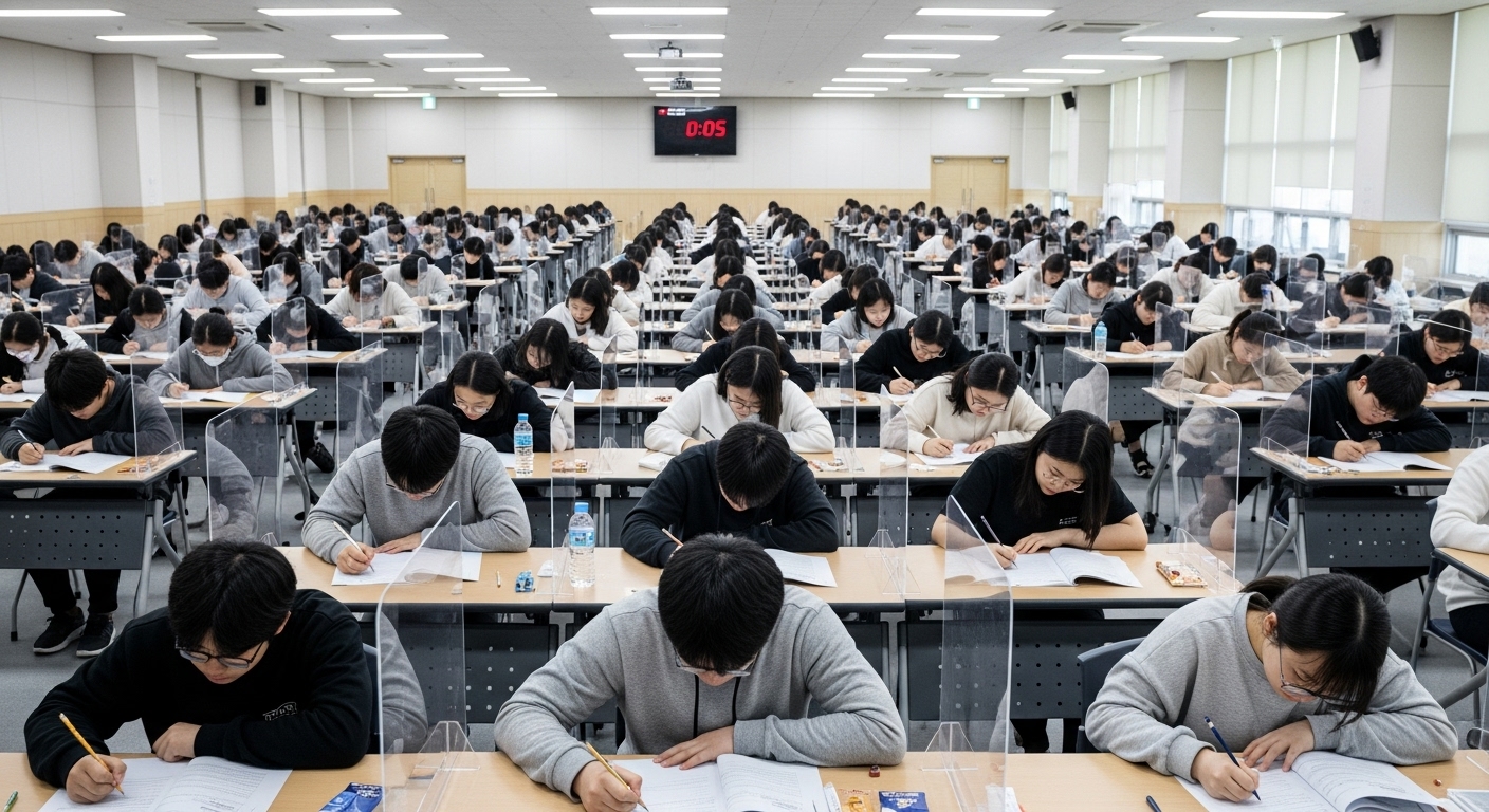 대형 시험장에서 국가고시에 집중하는 한국 응시자들