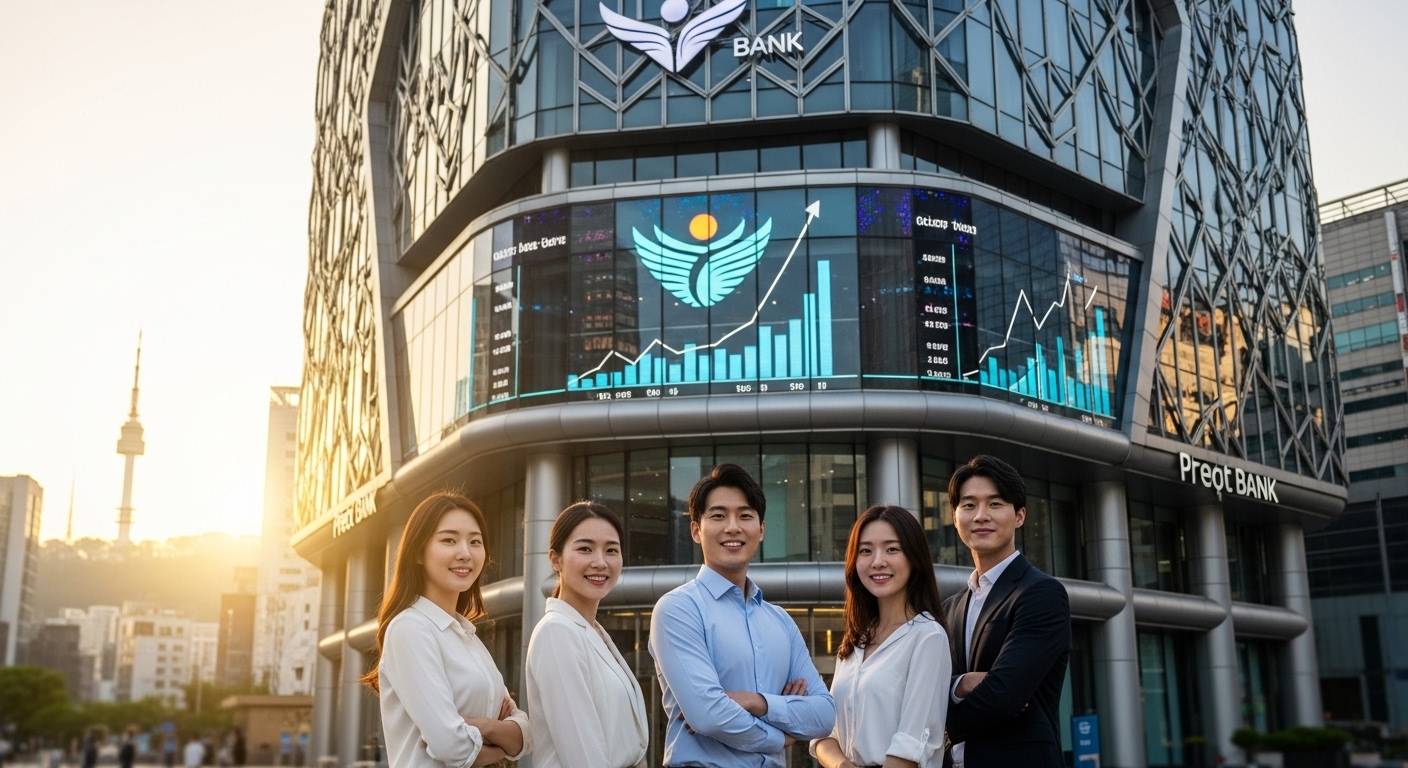 미래지향적인 서울의 은행 건물 앞에서 긍정적인 표정의 젊은이들