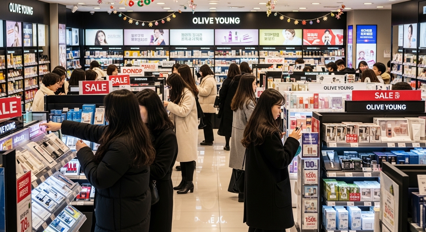 연말 분위기의 올리브영 매장에서 화장품을 구경하는 사람들