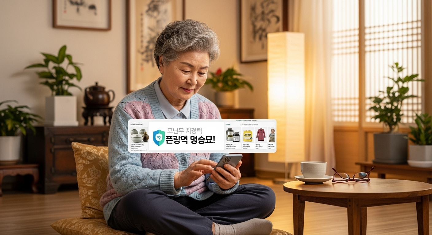 스마트폰으로 온라인 쇼핑 앱을 사용하는 노년 여성의 모습