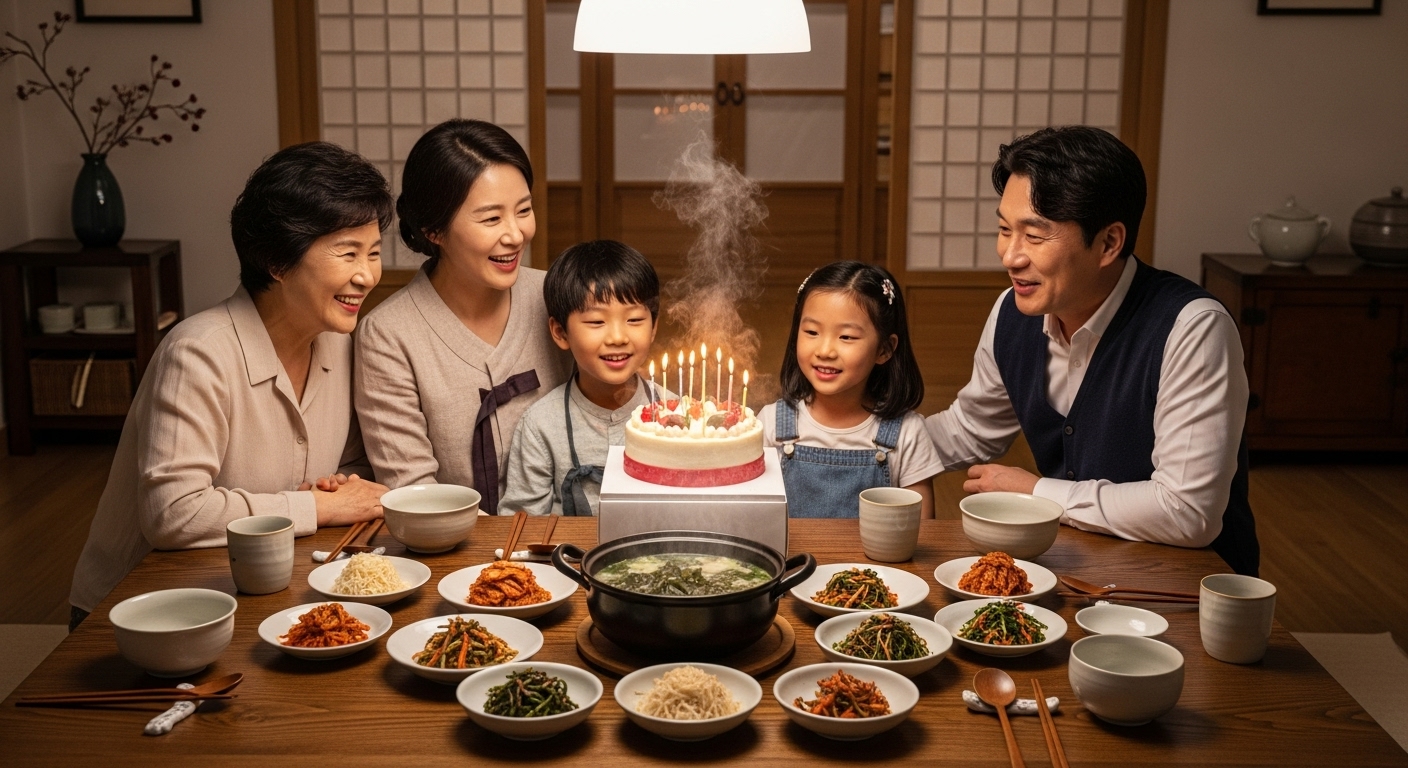 가족들이 생일을 맞아 전통적인 한식 테이블에서 미역국을 즐기고 있는 모습