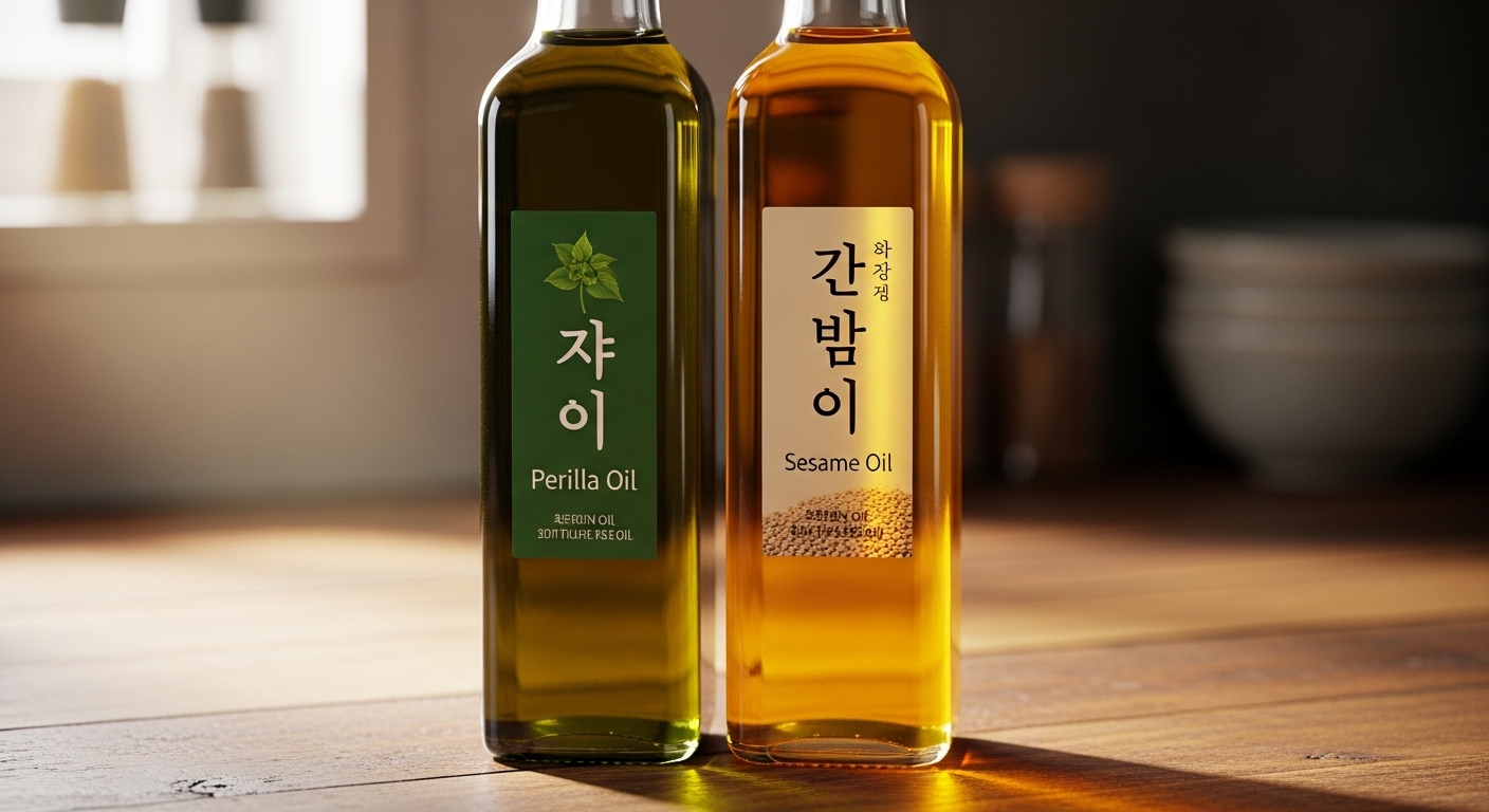 주방 카운터 위 나란히 놓인 들기름과 참기름 병이 부드러운 빛 아래 빛나는 모습