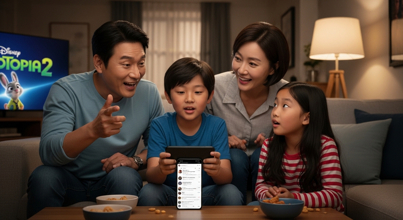 극장에서 영화를 본 후 집에서 주토피아2에 대해 열띤 토론을 벌이는 가족과 긍정적인 리뷰가 보이는 스마트폰 화면