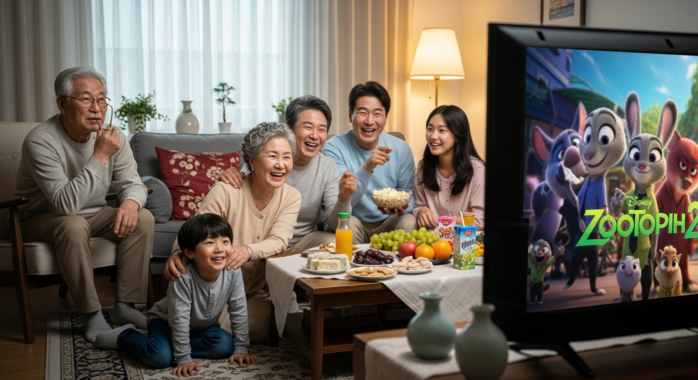 다양한 세대가 함께 모여 주토피아2를 즐기며 웃고 대화를 나누는 가족 모임 장면