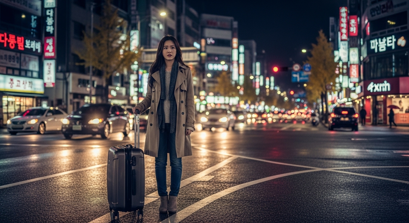 밤중에 길을 걷는 여성의 결단력 있는 모습