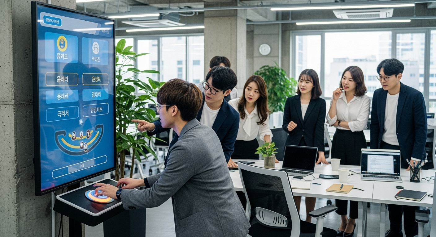 열린 공간에서 점심 주문 및 자리 배치 결정을 위해 핀볼 게임을 사용하는 팀원들