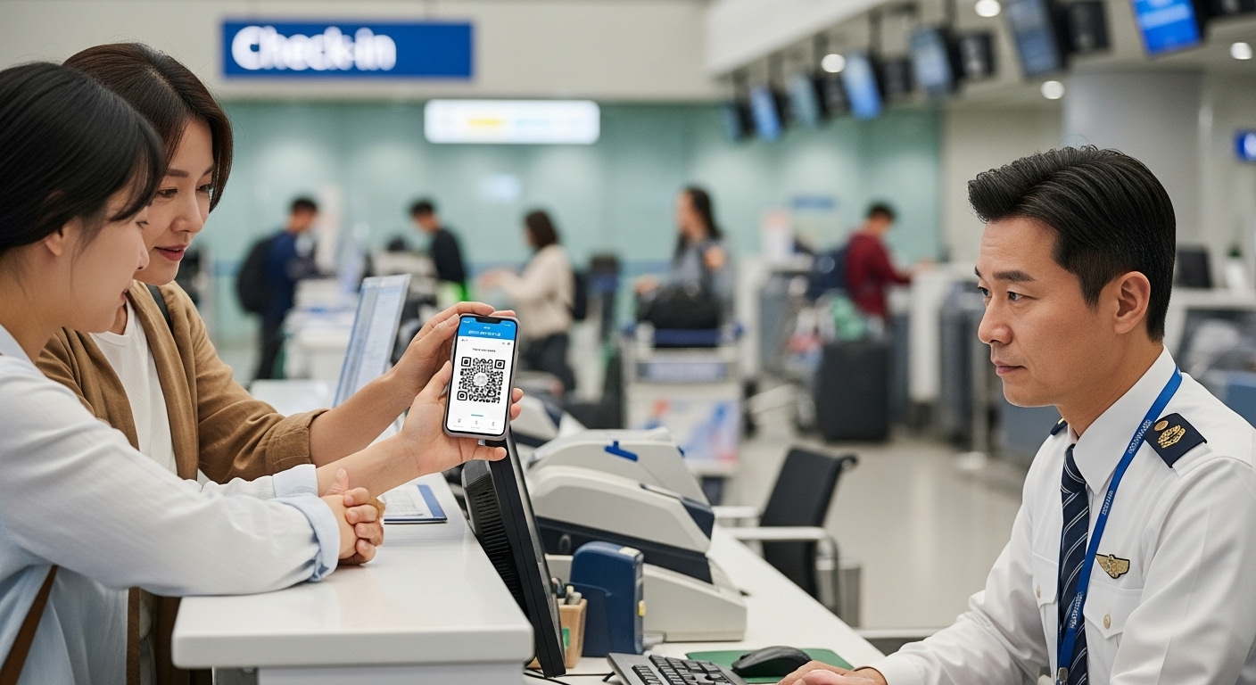 공항 체크인 카운터에서 스마트폰에 QR 코드를 제시하는 한국인 가족 구성원
