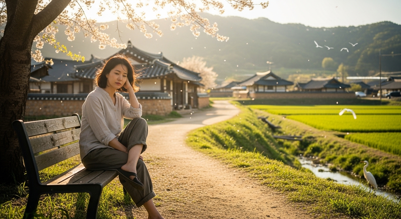 시골 마을 벤치에 앉아 내면을 성찰하는 한국 여성
