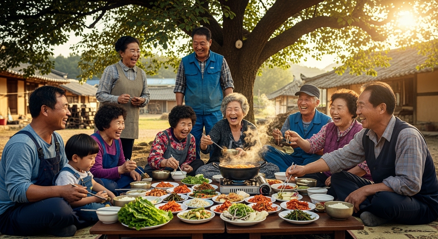 야외에서 함께 식사를 하며 교감하는 다양한 배경의 한국 사람들