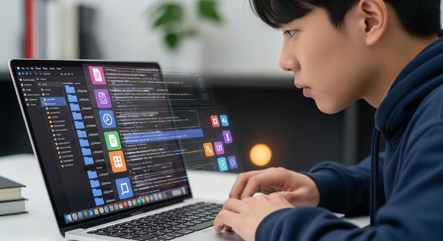 맥북을 사용하여 `.ktheme` 파일을 탐색하는 한국 학생의 클로즈업 장면