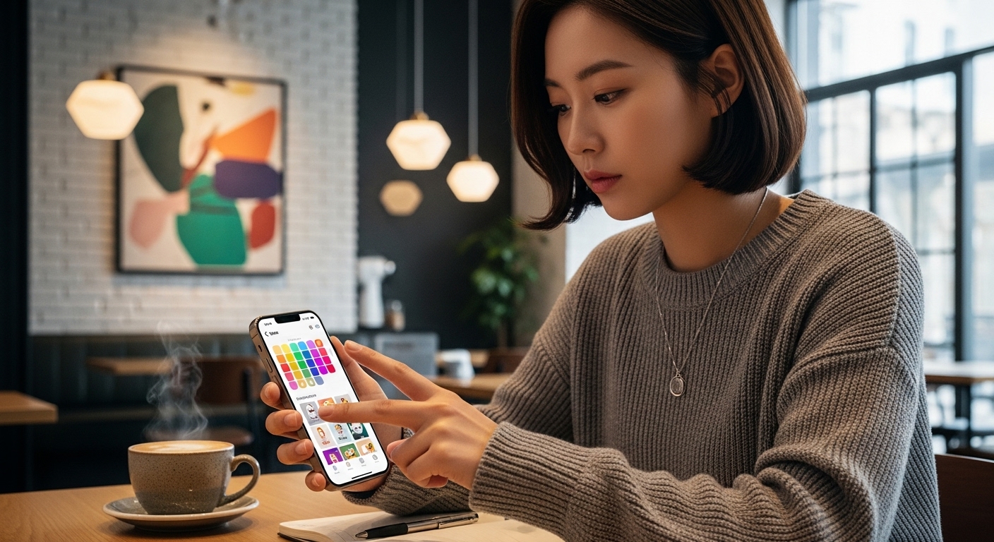 최신 트렌드의 카페에서 아이폰으로 카카오톡 앱을 커스터마이징하는 젊은 한국 직장인의 모습