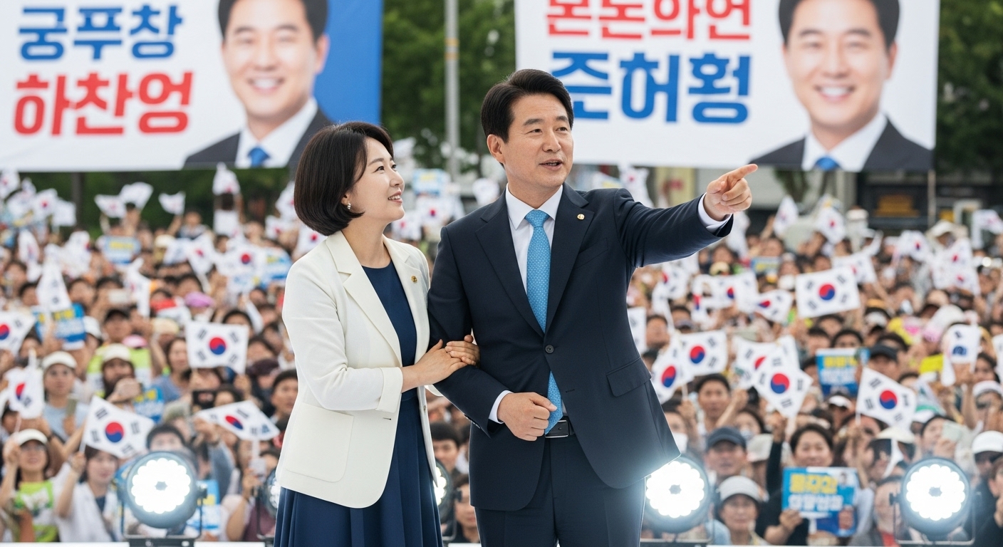 정치 유세장에서 남편을 응원하는 한국 여성