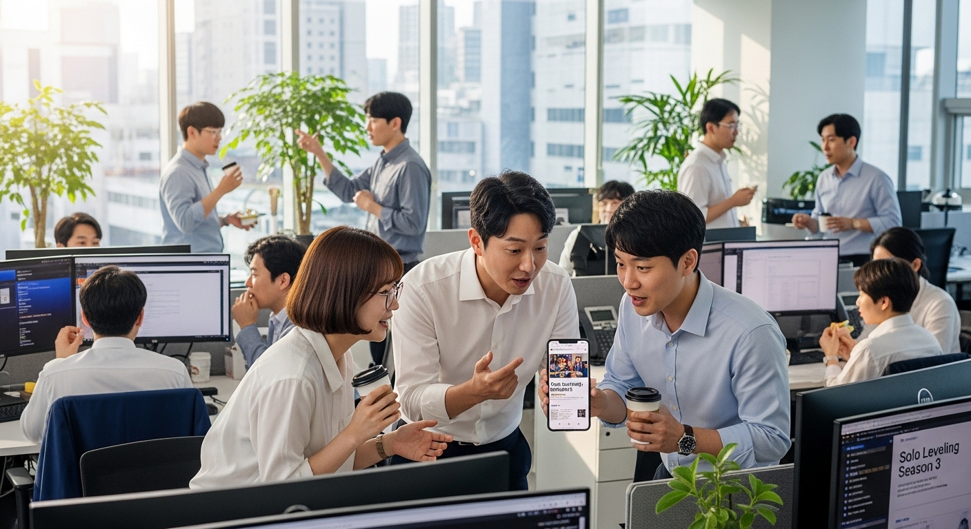 넷플릭스 독점 방영 소문에 대해 토론하는 한국 사무실 직원들