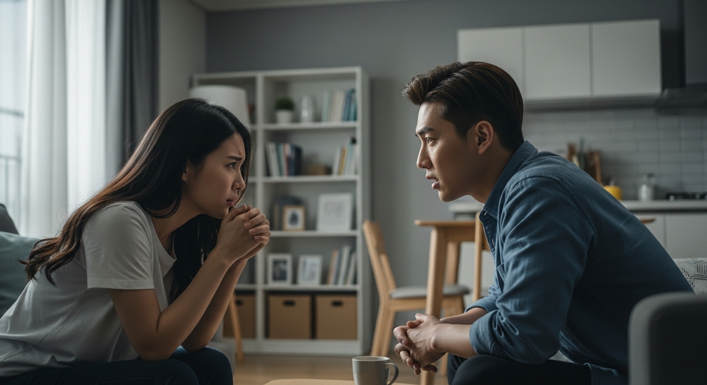집에서 심각한 대화를 나누며 감정적으로 긴장된 분위기의 젊은 커플