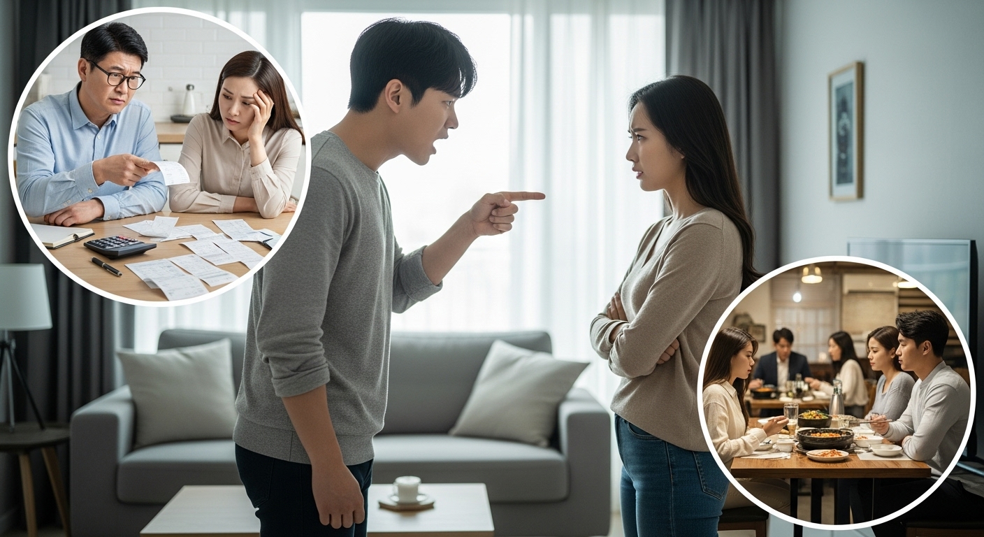 다양한 갈등 상황을 겪는 한국 커플들; 언쟁 중인 모습, 경제적 다툼, 저녁 식탁에서 침묵하는 장면