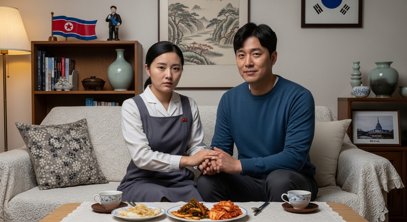 북한 여성 의사와 남한 남편이 두 문화의 물건들로 꾸며진 거실에 앉아 있는 모습; 긴장되면서도 희망적인 표정
