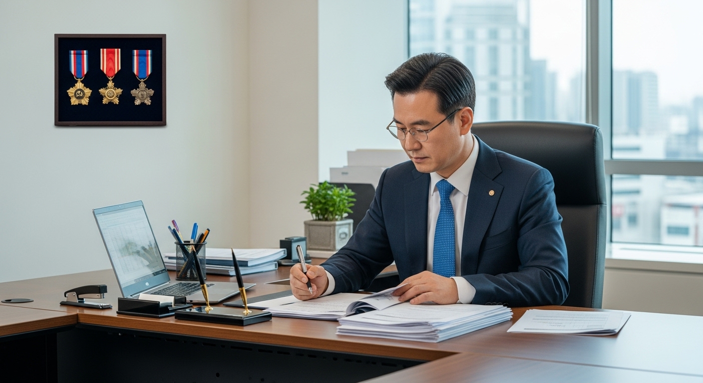 정장 차림의 남성이 사무실 책상에서 문서를 분석하고 있으며 벽에는 군 훈장이 은은하게 전시된 모습
