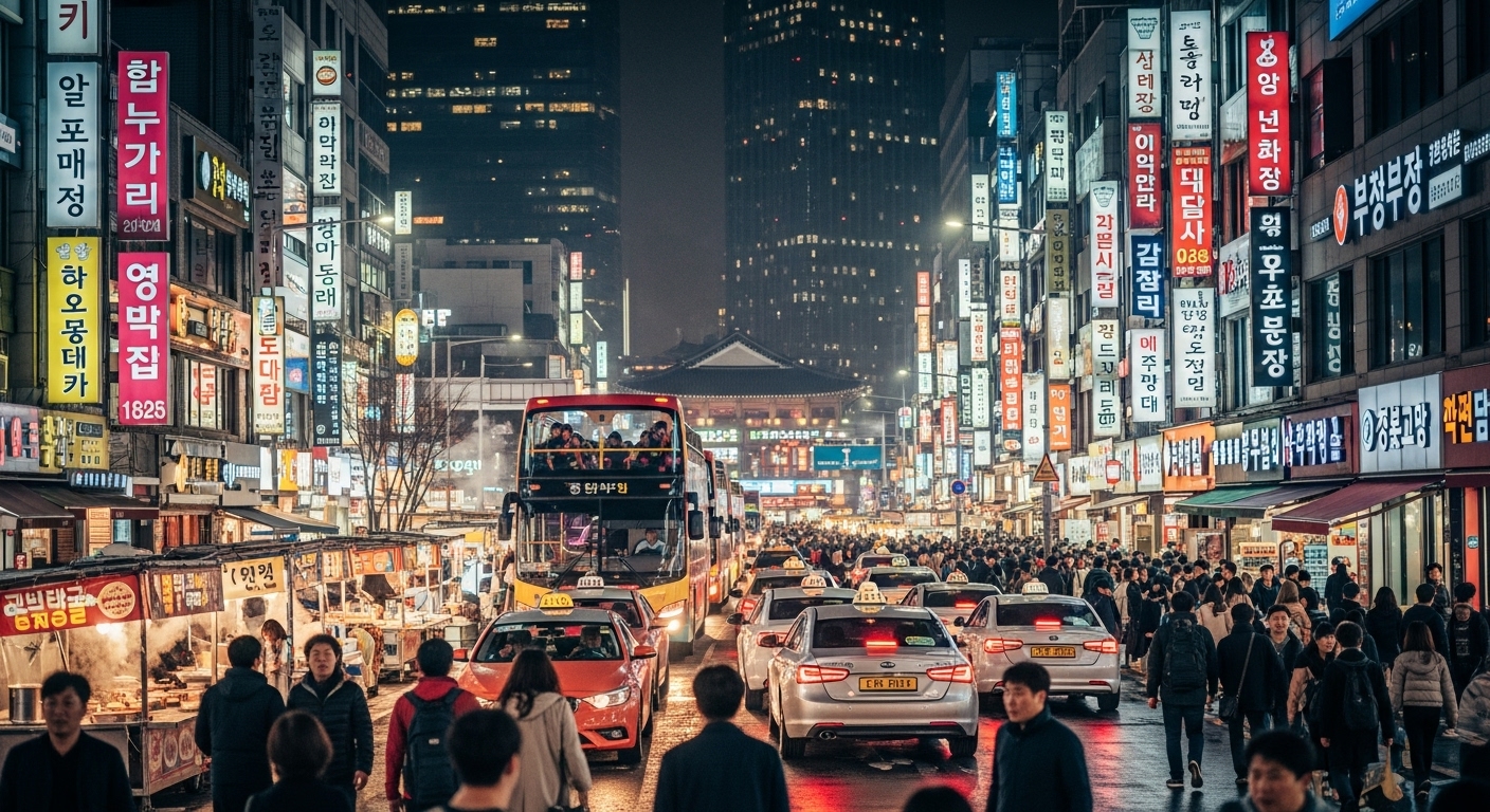 밤에 활기찬 서울 거리 풍경