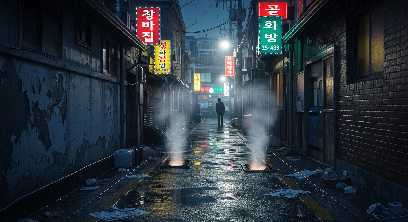 서울의 어두운 골목길에서 느껴지는 미스터리한 분위기