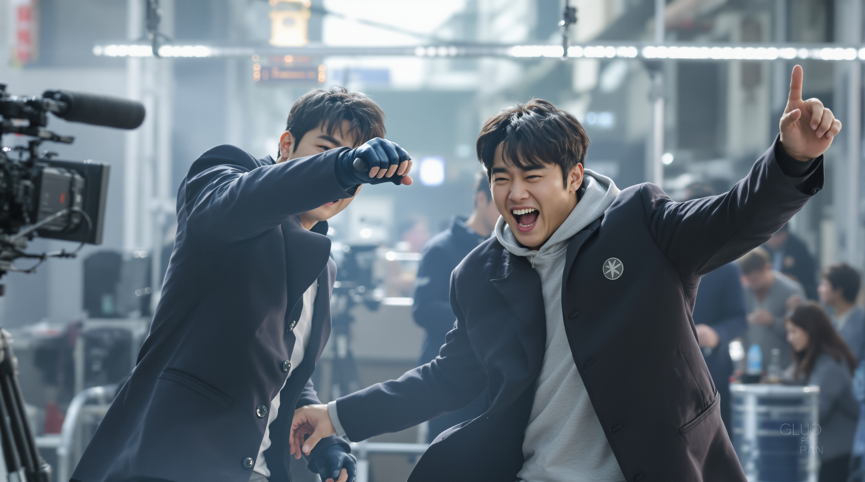 윤계상과 진선규가 영화 세트장에서 액션 포즈를 취하며 재회의 기쁨을 나누는 모습
