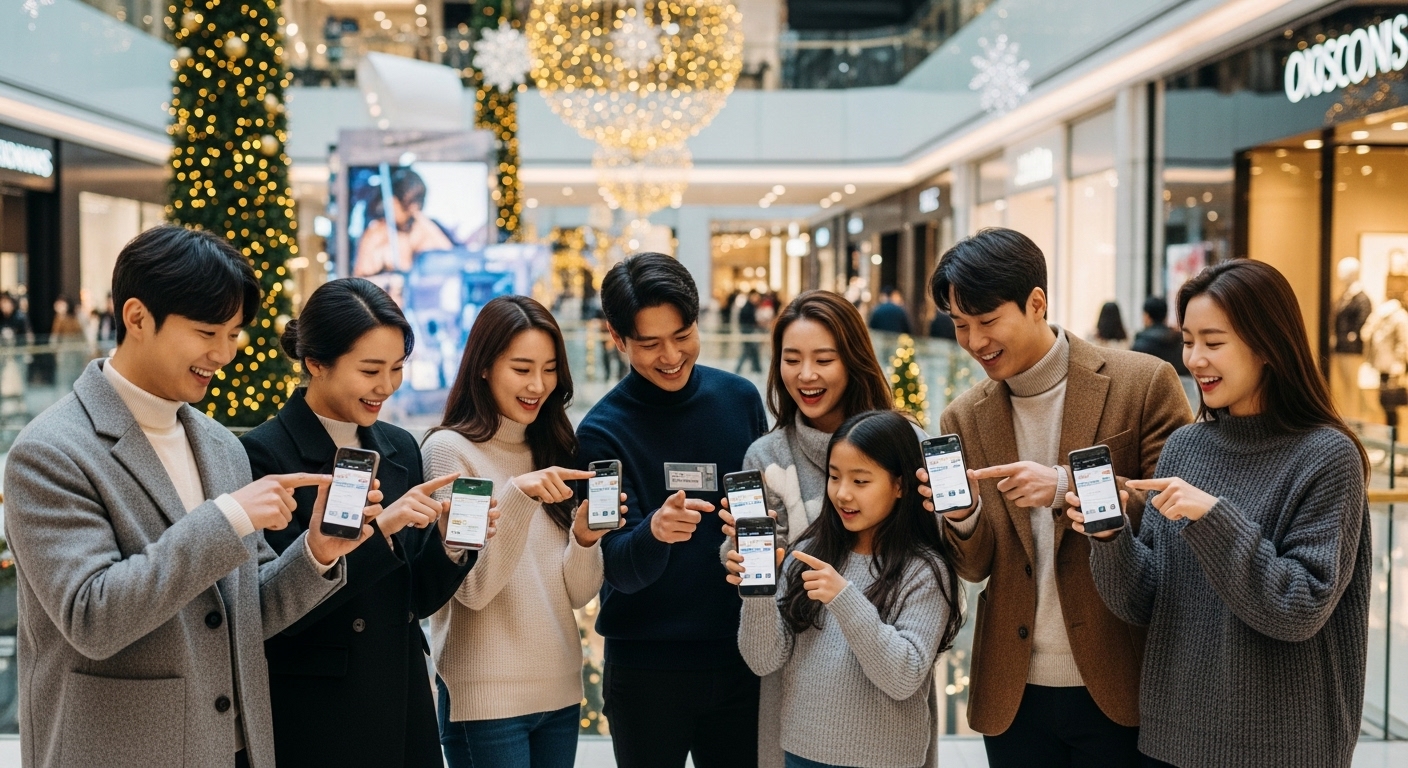 쇼핑몰에서 스마트폰으로 디지털 쿠폰을 받는 모습