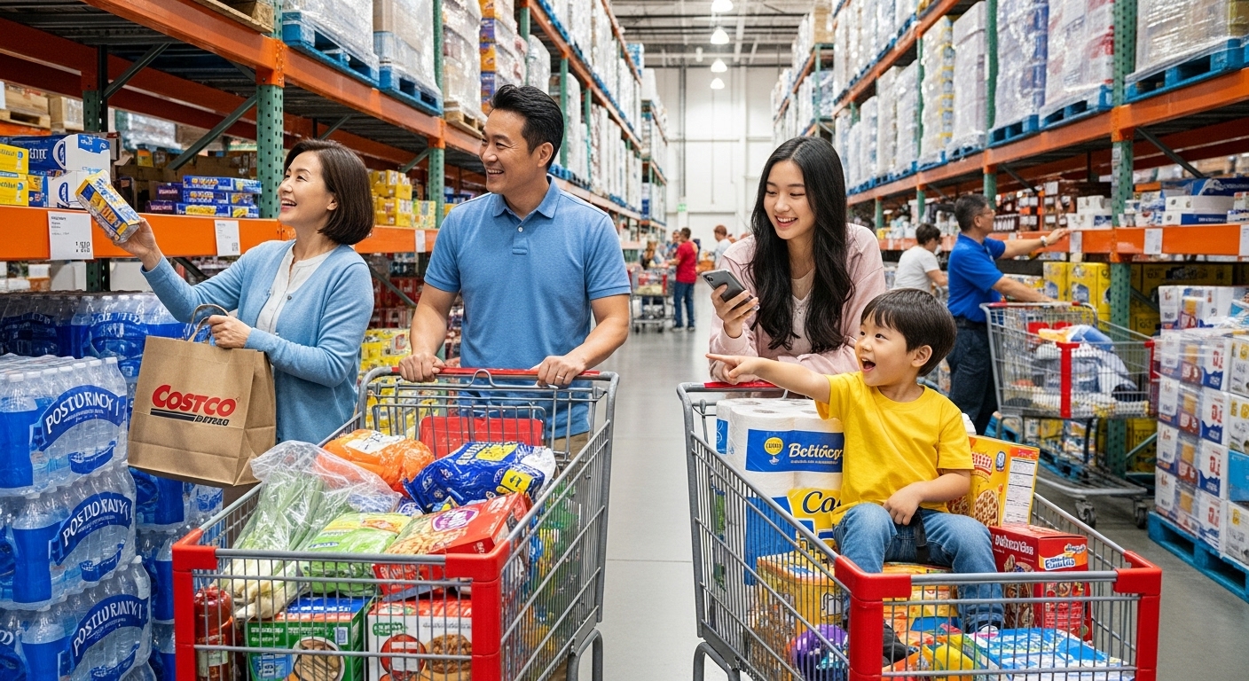 가족이 코스트코에서 장을 보는 장면