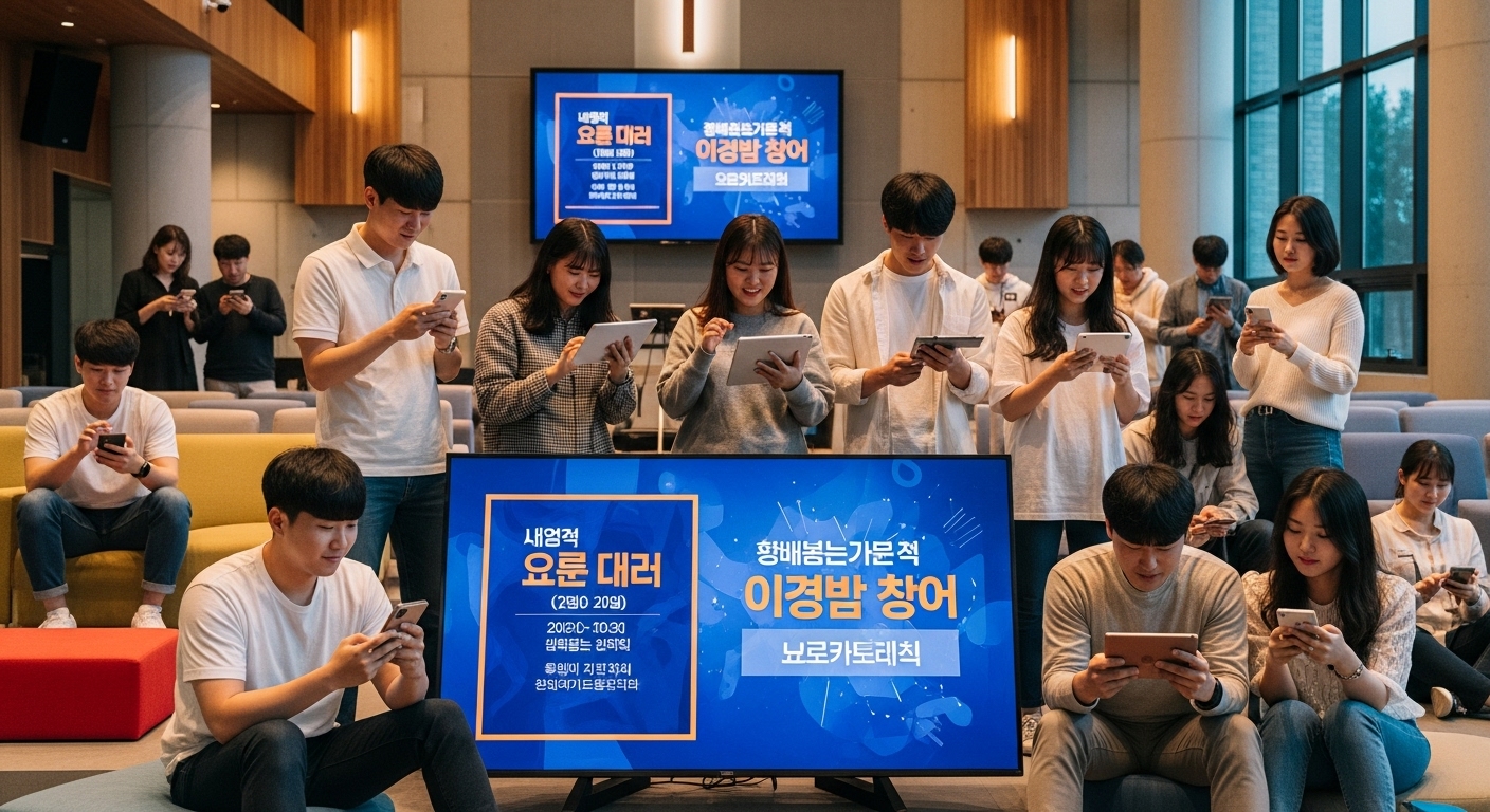 한국 젊은이들이 디지털 기기로 교회의 소식을 확인하는 모습