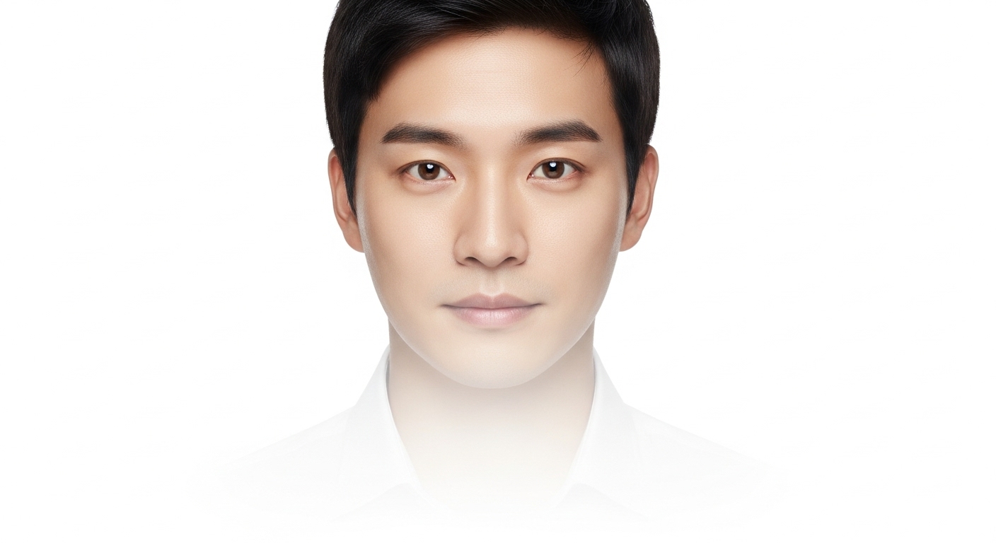 흰 배경 앞에 서 있는 흰 셔츠를 입은 남성이 얼굴만 떠있는 듯한 모습
