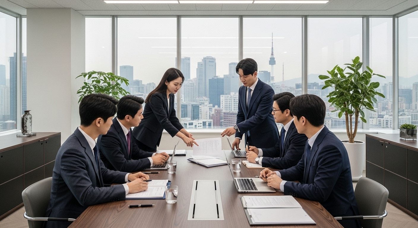 서울의 현대적 로펌 사무실 내부에서 회의를 하는 변호사들