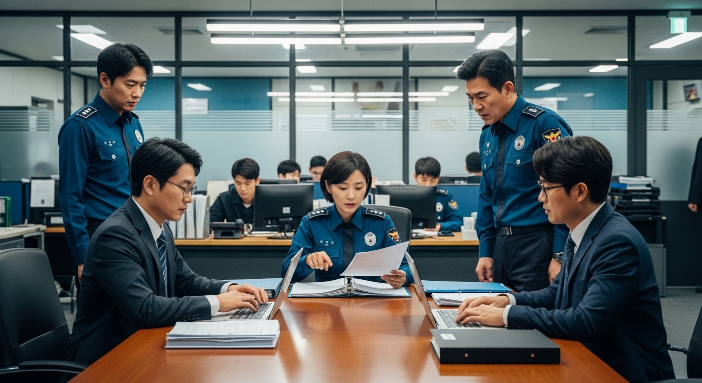 경찰서 내부에서 사건 파일을 검토하는 경찰관과 변호사의 협력 장면