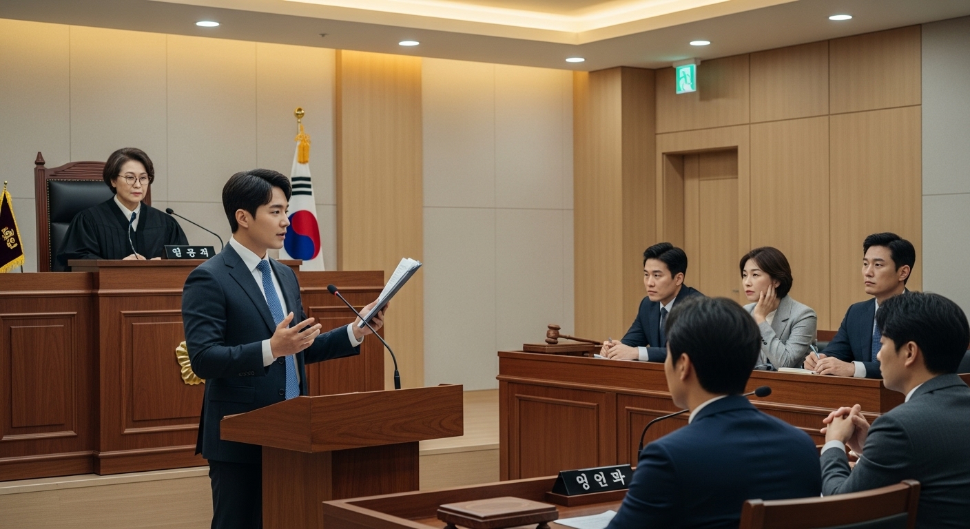 법정에서 판사와 배심원을 상대로 증거를 제시하는 변호사의 모습