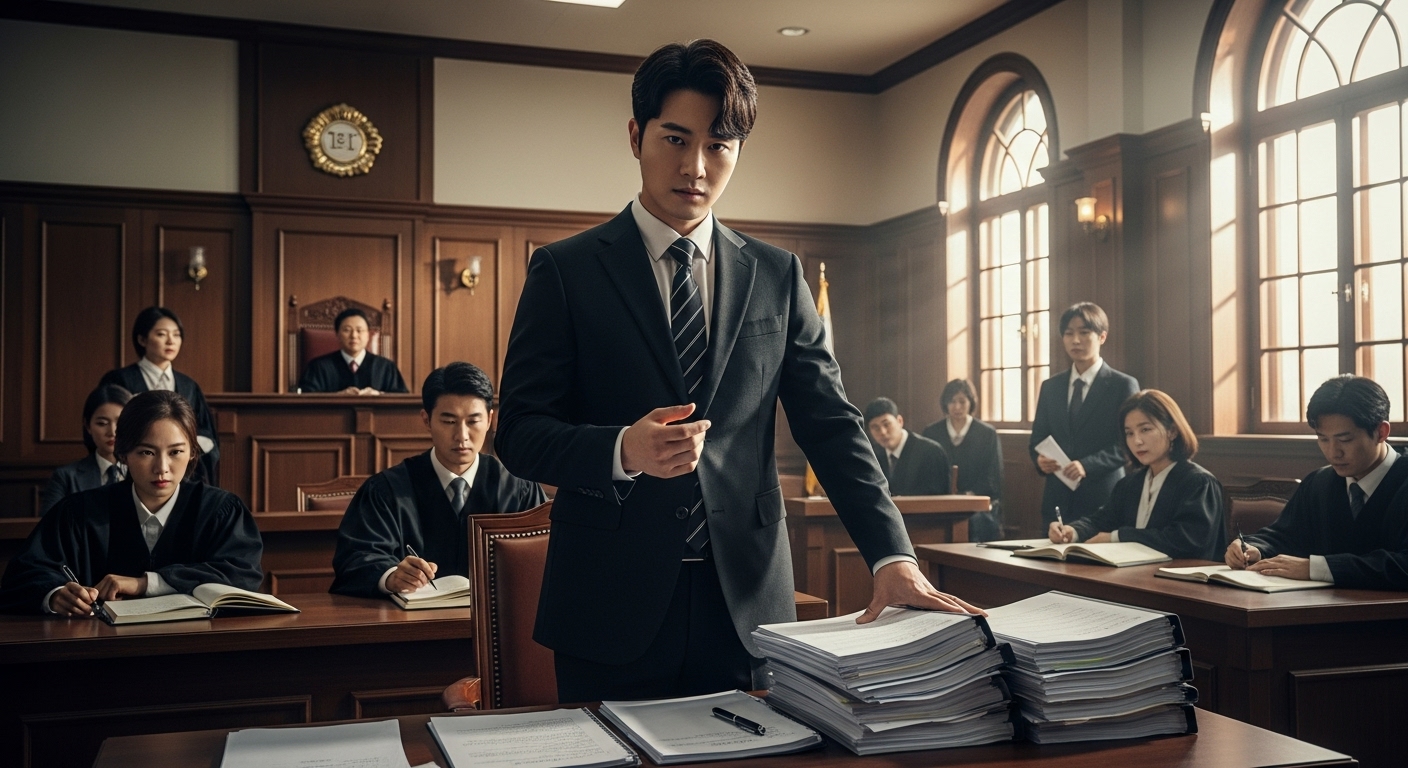 법정에서 당당하게 서 있는 한국 검사, 진지한 토론 분위기