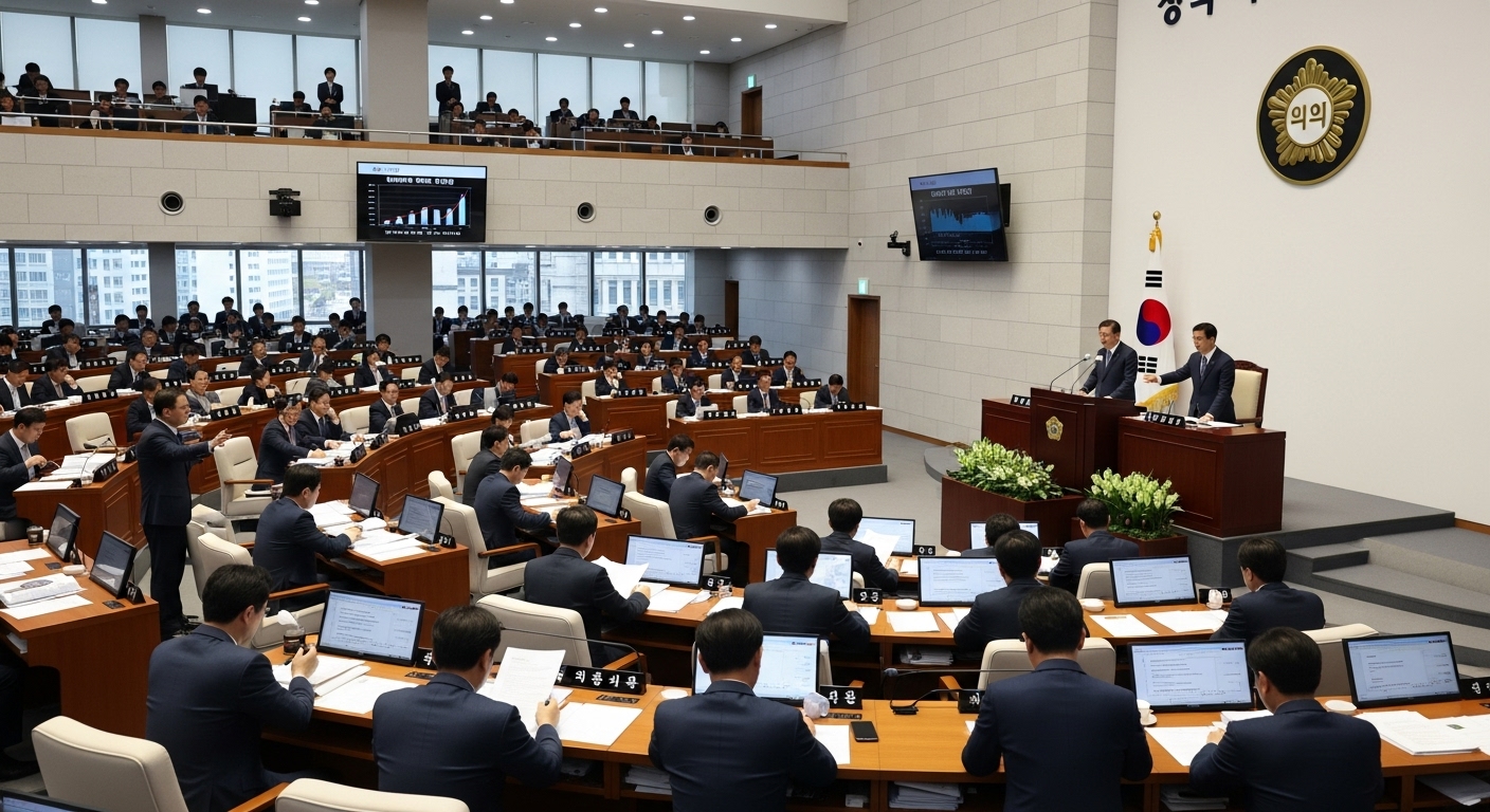 현대적인 정부 건물 내부에서 개혁안을 토론하는 한국 의원들