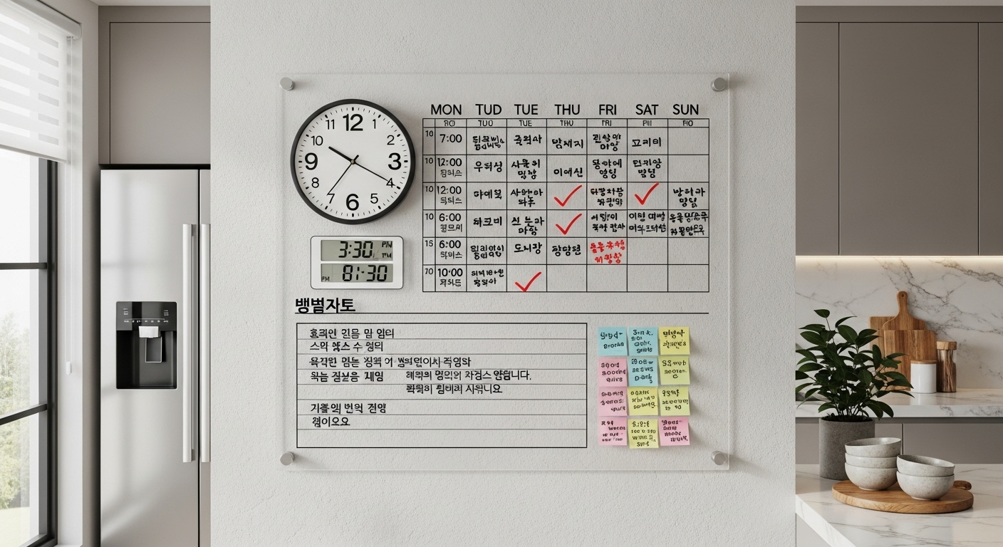 한국 가정에서 약물 복용 시간을 적어 놓은 스케줄 보드