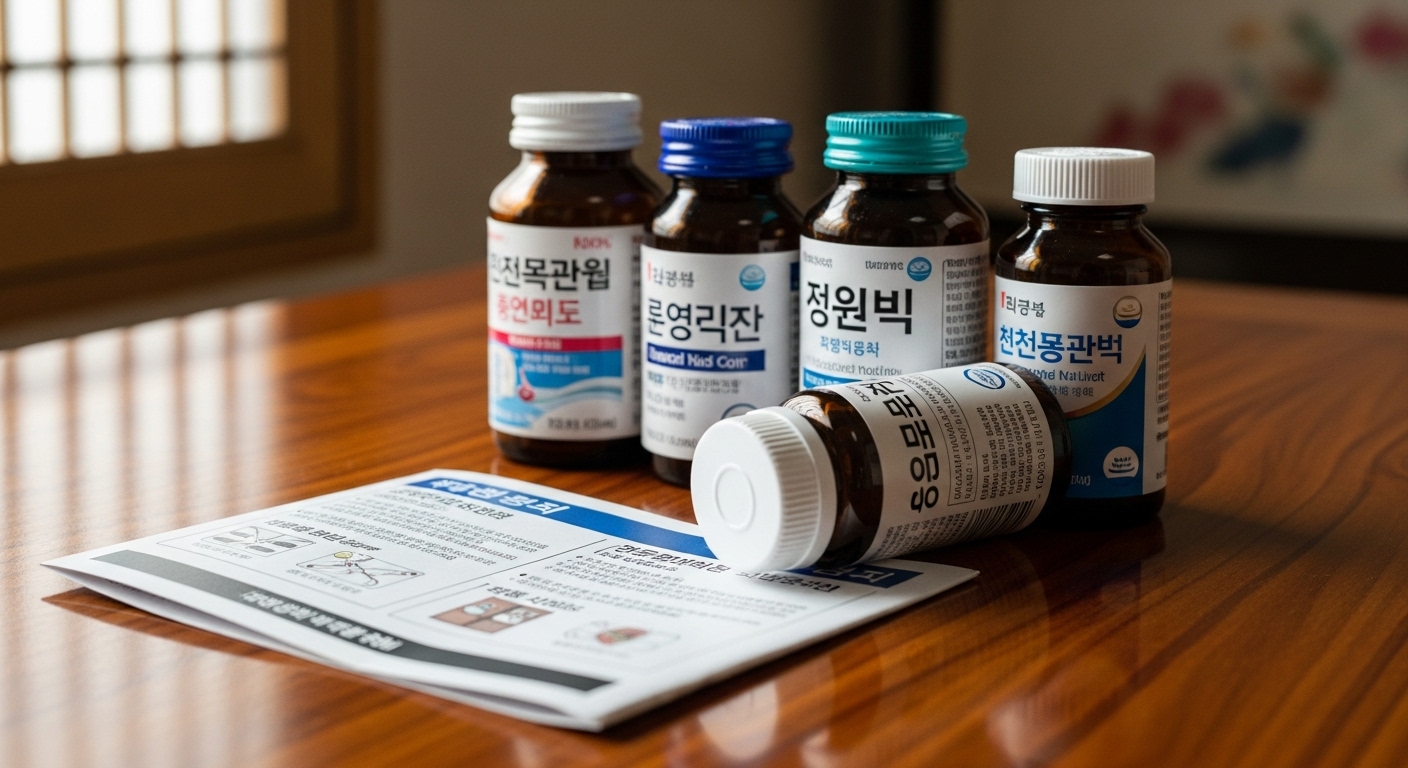 약병과 설명서가 테이블 위에 놓여 있는 모습