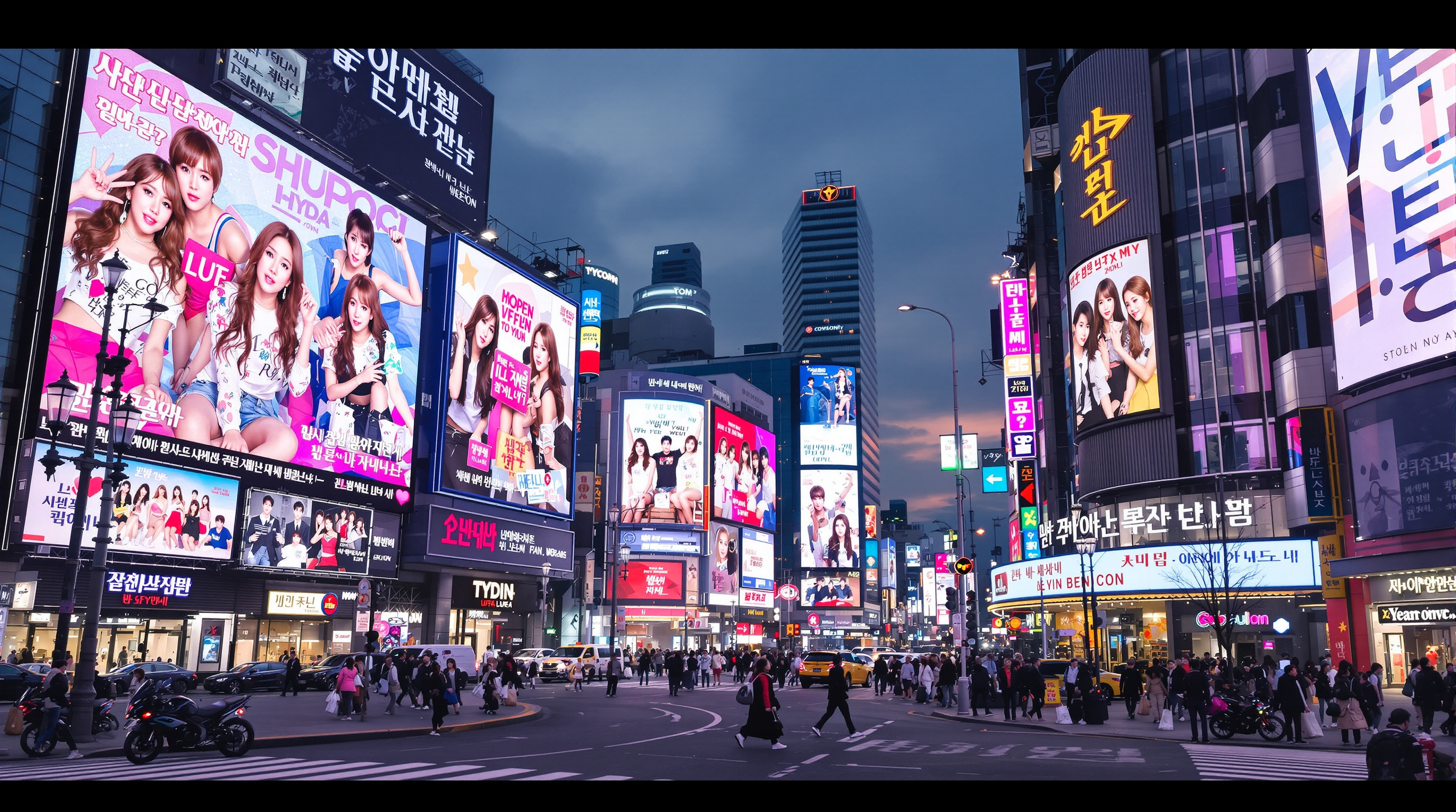 서울 거리에서 대형 전광판에 아이돌과 응원 메시지가 표시된 모습