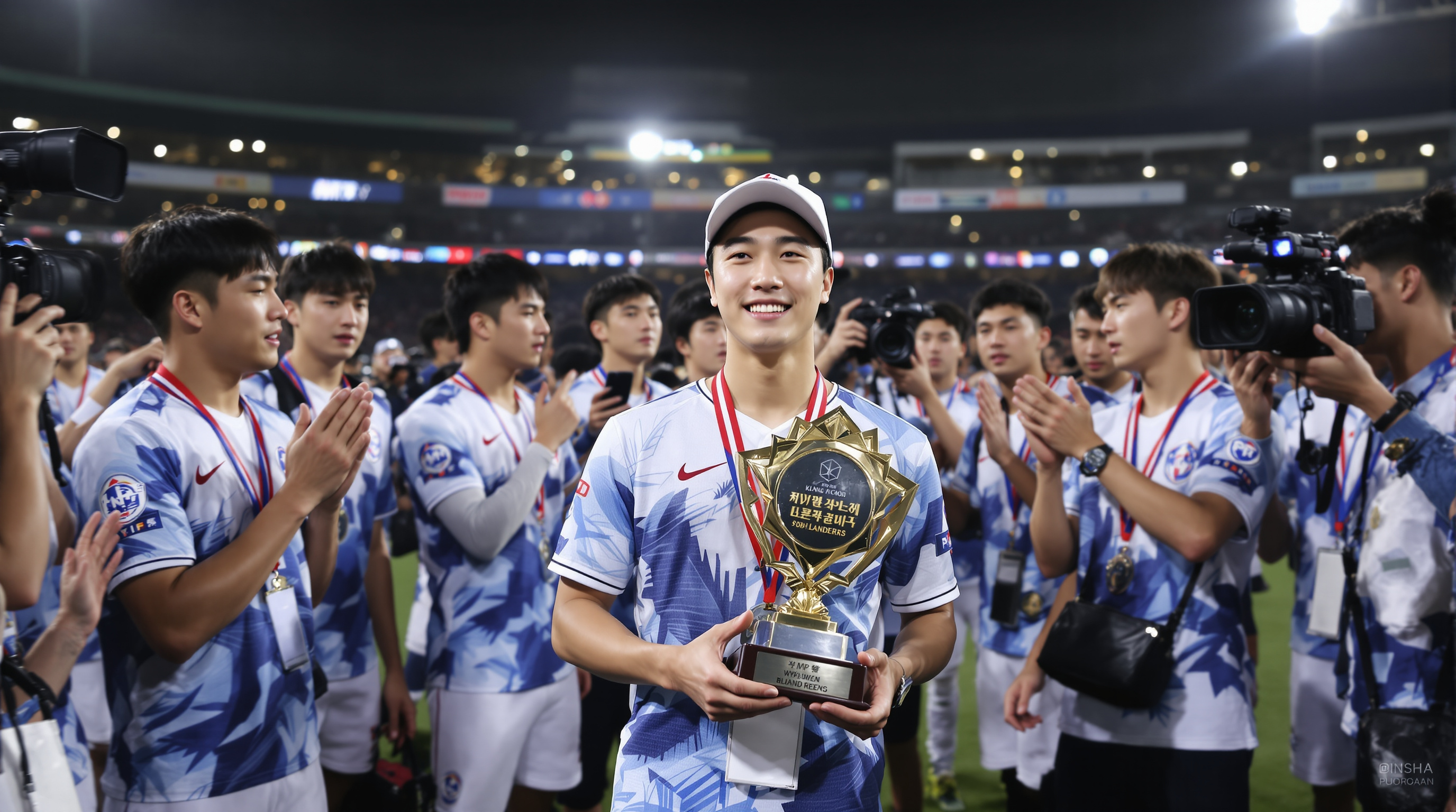 인천 SSG 랜더스필드에서 동료들과 기자들에 둘러싸여 MVP 트로피를 받는 최형우