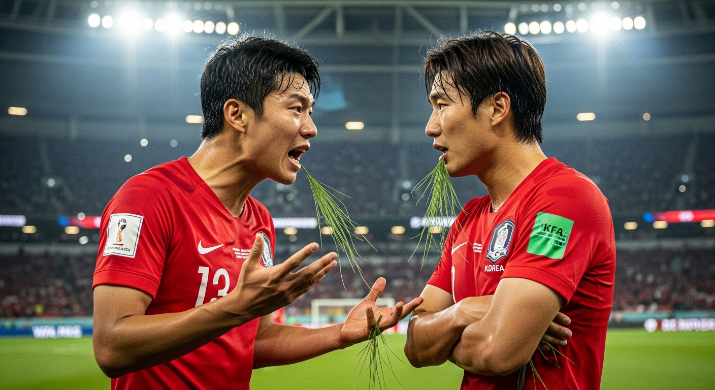 국가대표 유니폼을 입고 경기장에서 열띤 논쟁을 벌이는 두 명의 한국 축구 선수