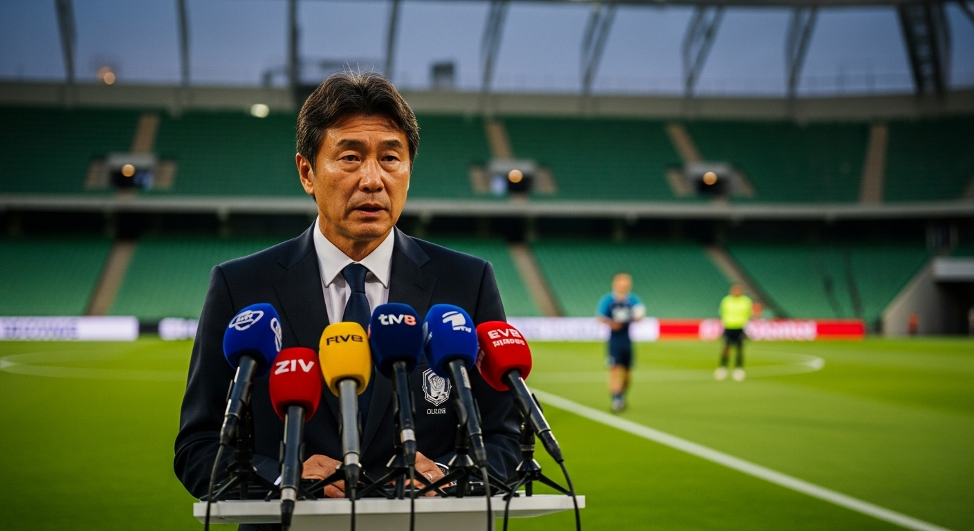 저녁 기자회견에서 진지한 표정으로 언론 앞에 선 한국 축구 감독