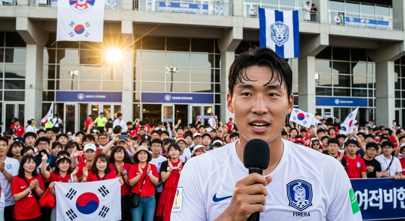 경기장 입구에서 팬들에게 마이크를 들고 자신감 있게 연설하는 한국 축구 선수