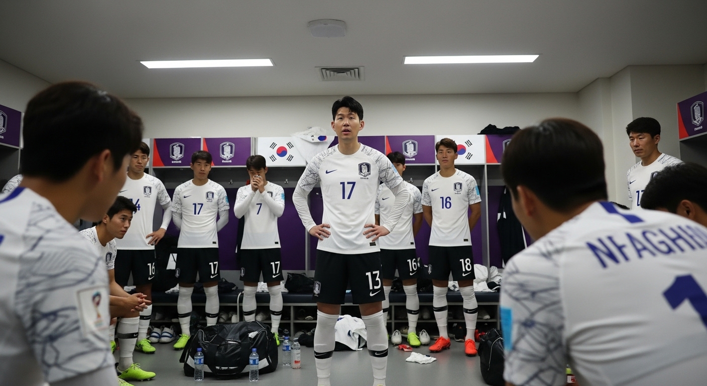 경기 전 라커룸에서 팀워크와 단결을 강조하며 동료들과 전략을 논의하는 한국 축구 팀 주장