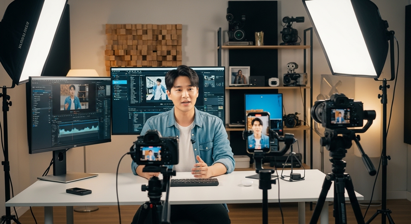 여러 플랫폼을 위한 콘텐츠를 촬영하는 한국 크리에이터의 모습