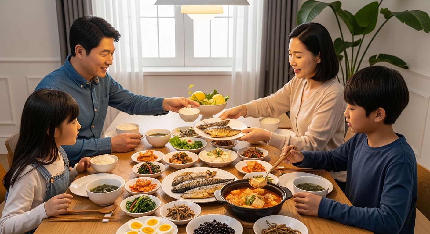 고단백 식품이 가득한 식탁과 함께 가족이 균형 잡힌 식사를 즐기는 모습