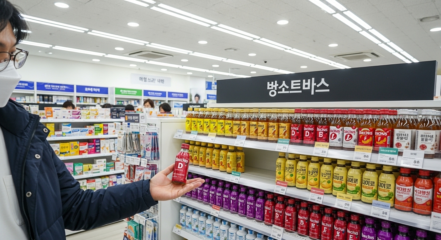 약국에서 고객이 자신의 필요에 맞춰 박카스를 선택하는 모습