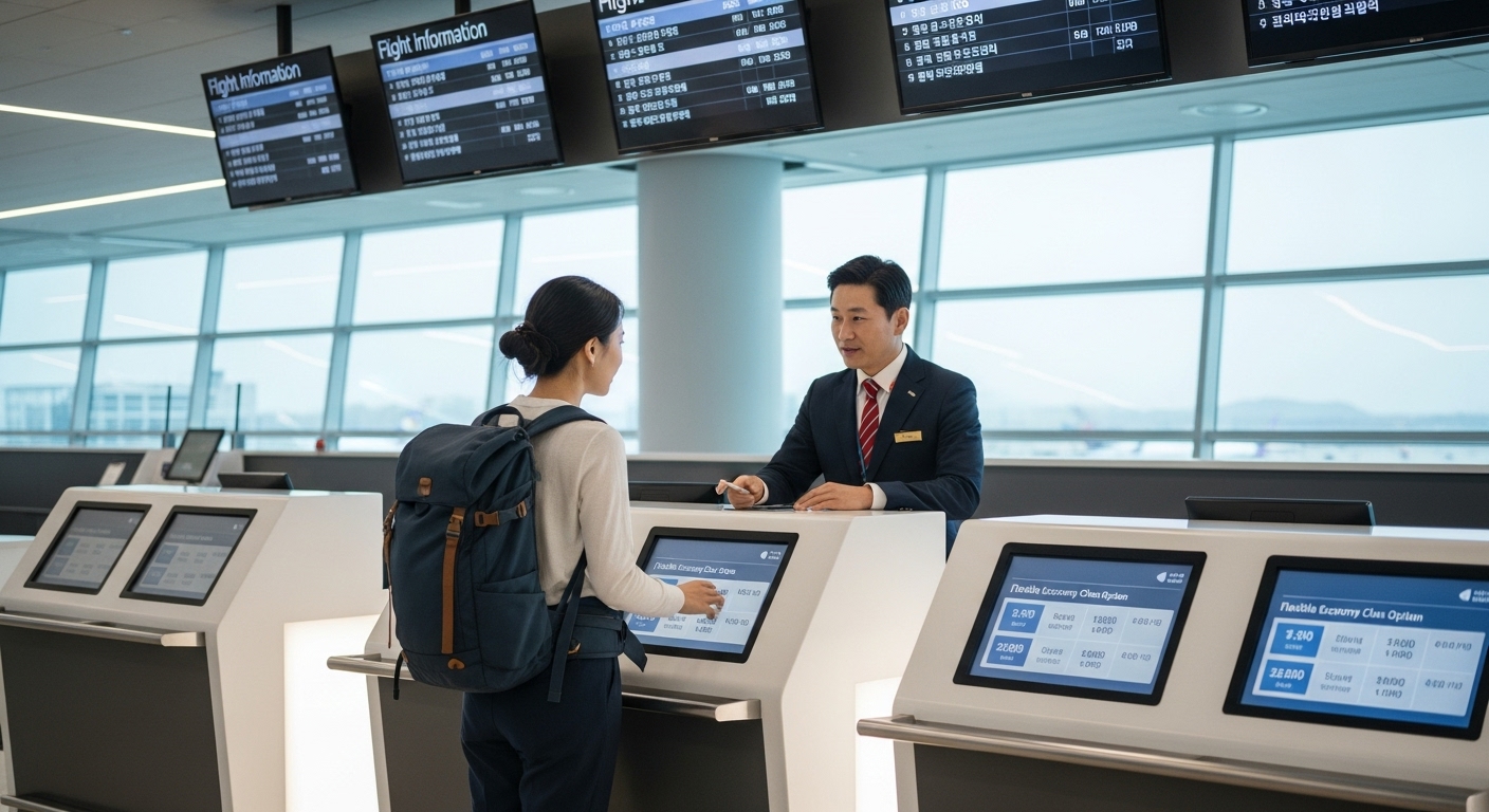 한국 여행자가 공항 티켓 카운터에서 유연한 일반석 옵션을 살펴보는 모습